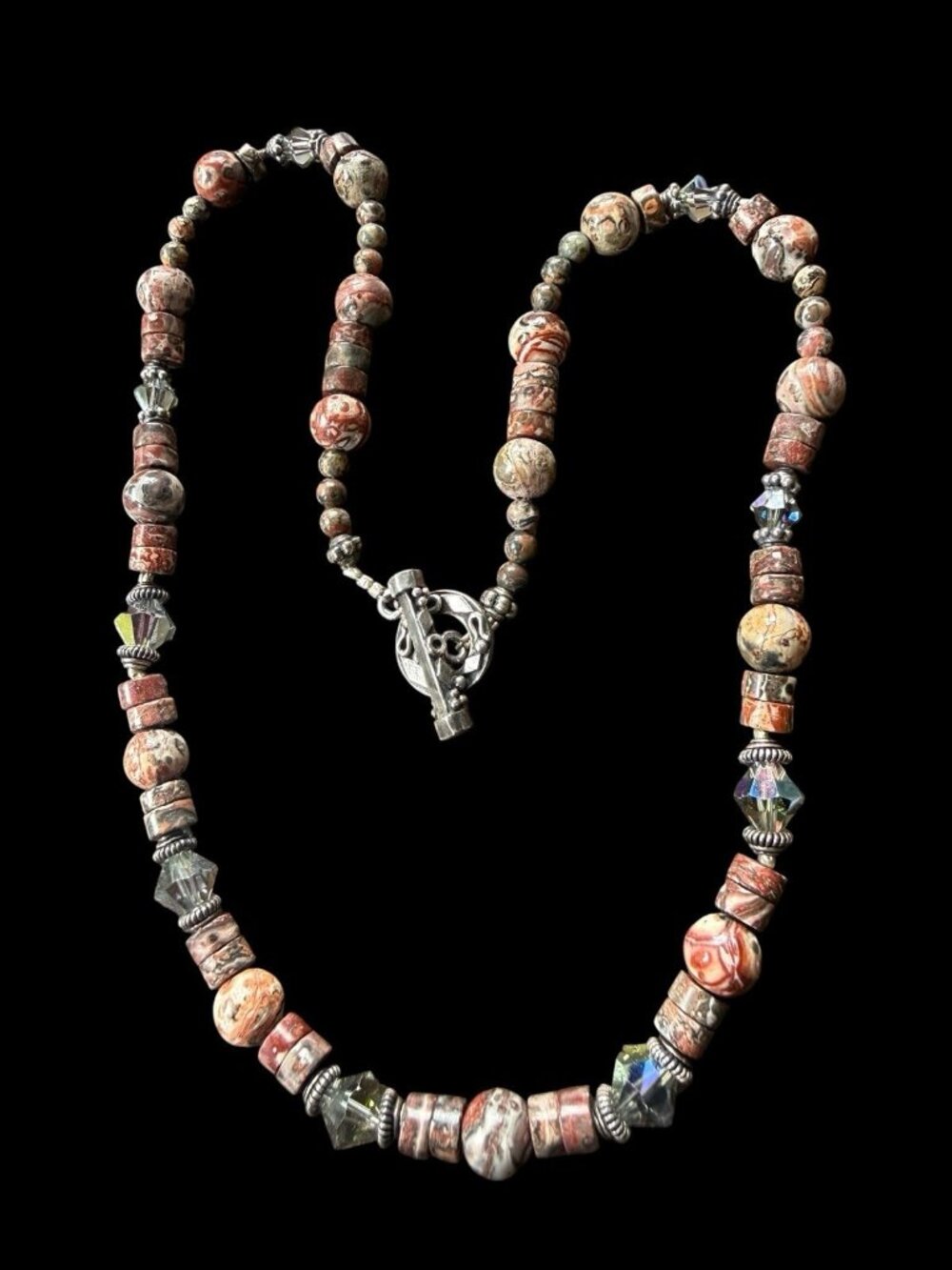 925 Sterling Silver Geometric Jasper Crystal Beaded Necklace 18 in
